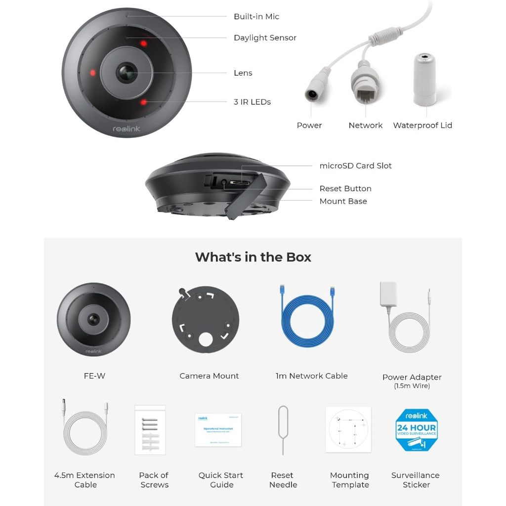 REOLINK WIFI Fisheye Camera FE-W, 2K+ 6MP 360° Panorama, 2.4/5GHz WIFI Indoor Security Camera-WC3K02W