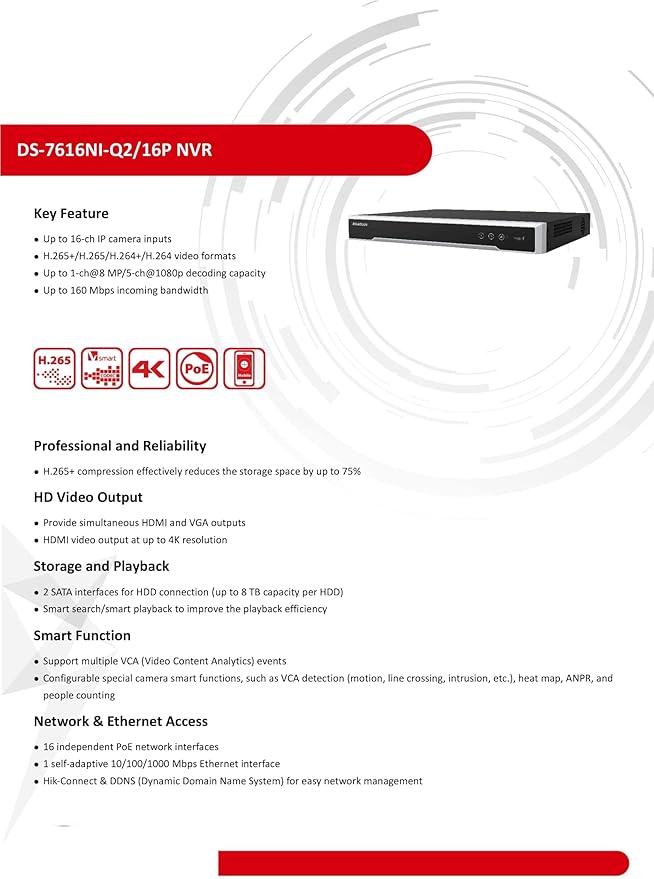 16-Channel PoE 4K Network Video Recorder.DS-7616NI-Q2/16P