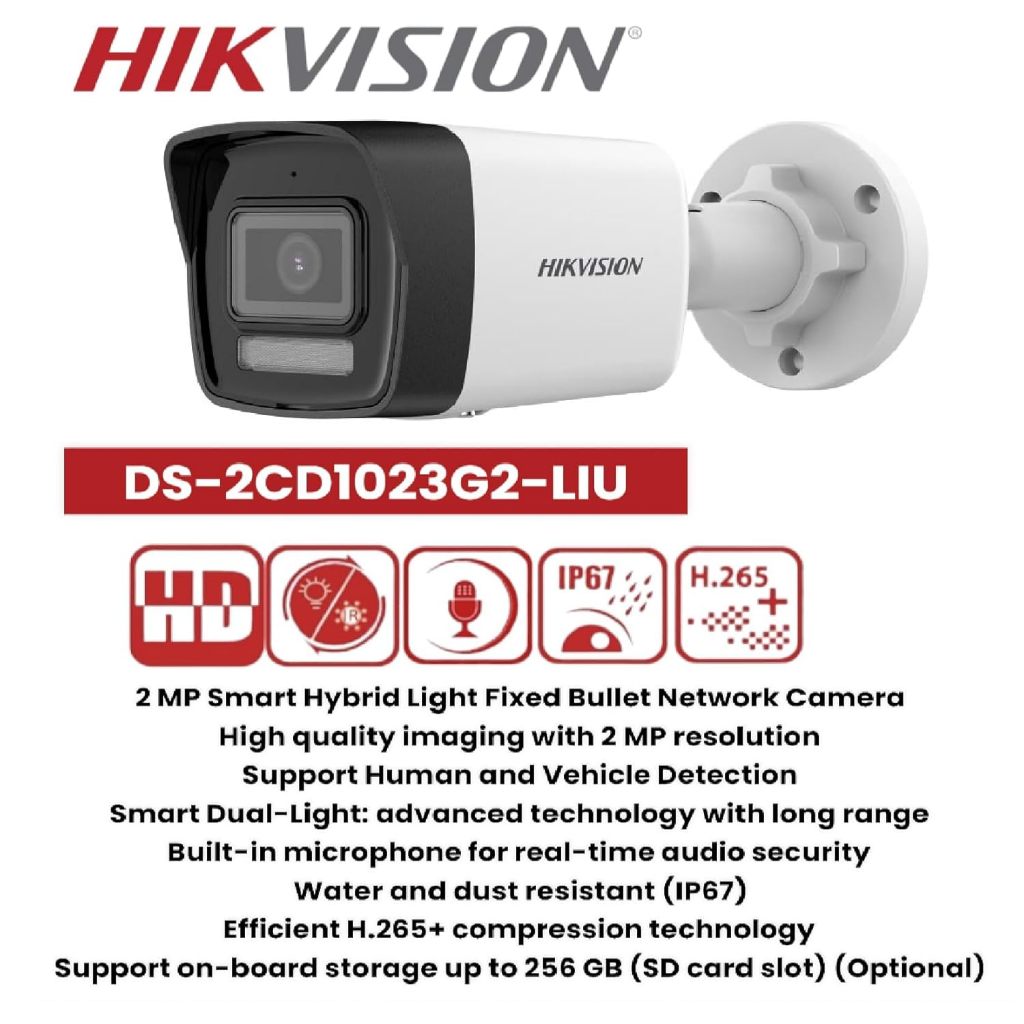 HIKVISION DS-2CD1023G2-LIU 2MP 1080P Bullet Camera | Smart Hybrid Light, Built-in Mic | Outdoor CCTV with Day/Night Vision & Motion Detection