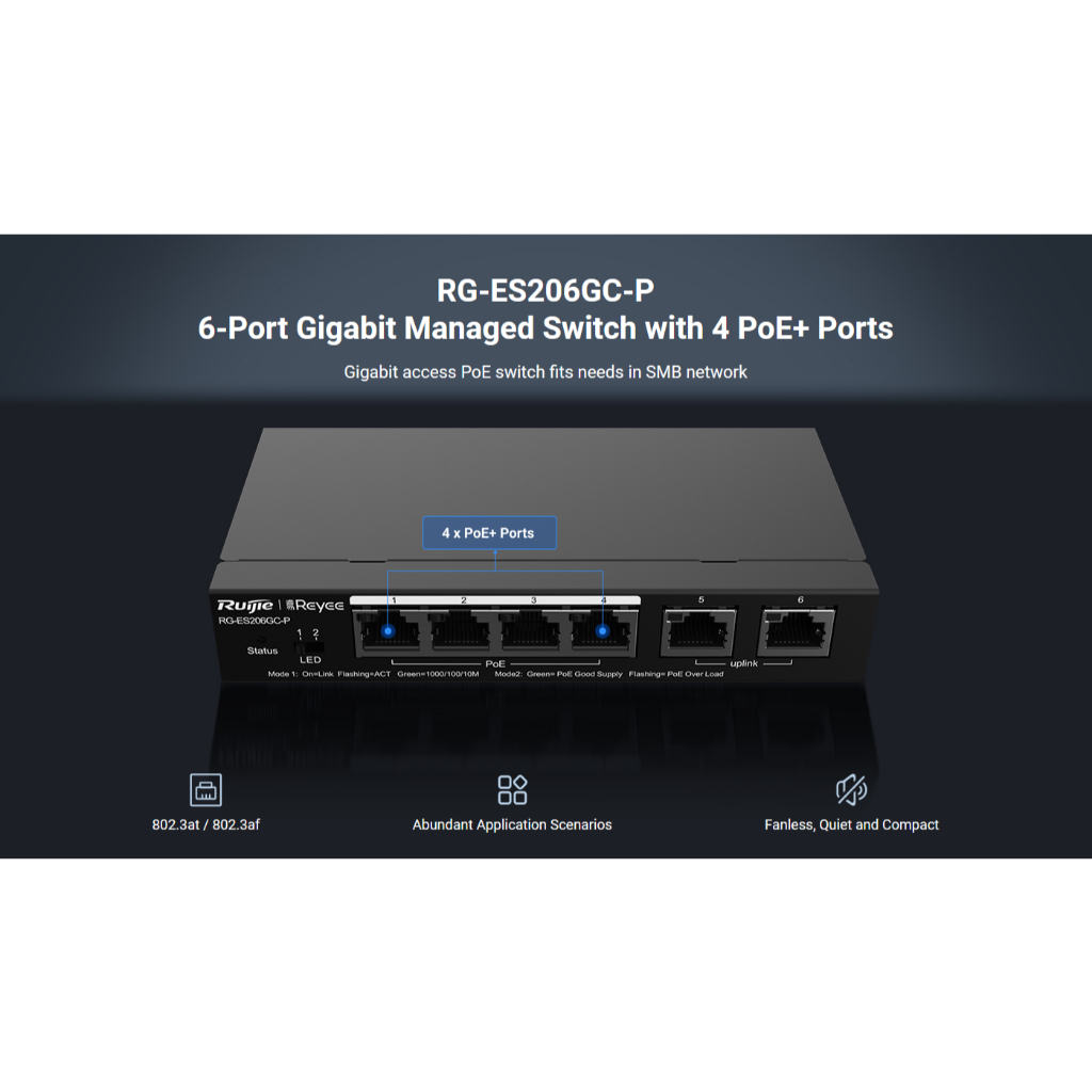 6-Port Gigabit Smart Cloud Managed PoE Switch RG-ES206GC-P, 